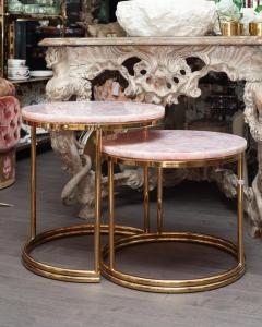 Mid Century Pair of Soft Pink Rose Quartz and Brass Nesting Table - 2430793