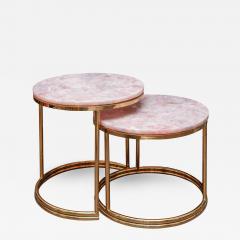 Mid Century Pair of Soft Pink Rose Quartz and Brass Nesting Table - 2451738