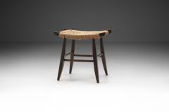 Mid Century Papercord and Dark Stained Wood Stool Europe ca 1960s - 3118278