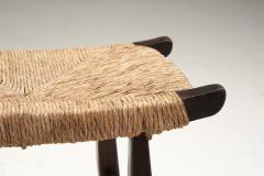 Mid Century Papercord and Dark Stained Wood Stool Europe ca 1960s - 3118282