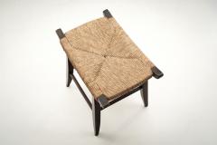 Mid Century Papercord and Dark Stained Wood Stool Europe ca 1960s - 3118286