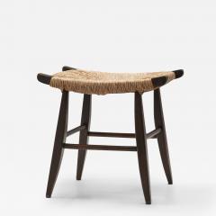 Mid Century Papercord and Dark Stained Wood Stool Europe ca 1960s - 3124496