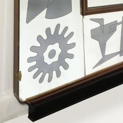 Mid Century Reversed Etched Smoked Wall Mirror with Sculptural Walnut Lining - 4622352