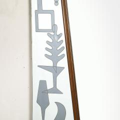 Mid Century Reversed Etched Smoked Wall Mirror with Sculptural Walnut Lining - 4622360