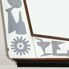 Mid Century Reversed Etched Smoked Wall Mirror with Sculptural Walnut Lining - 4622391