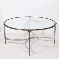 Mid Century Round Glass Brass Steel Cocktail Table Manner of Maison Jansen - 3523869