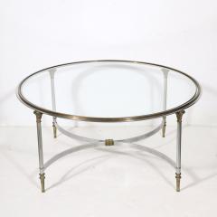 Mid Century Round Glass Brass Steel Cocktail Table Manner of Maison Jansen - 3523988