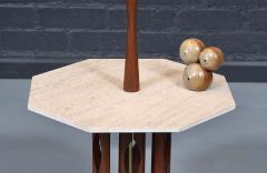 Mid Century Sculpted Walnut Floor Lamp w Travertine Side Table - 4624139