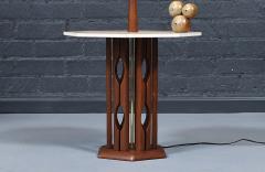 Mid Century Sculpted Walnut Floor Lamp w Travertine Side Table - 4624140
