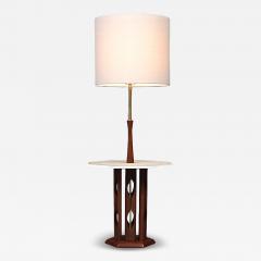 Mid Century Sculpted Walnut Floor Lamp w Travertine Side Table - 4626958