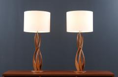 Mid Century Sculpted Walnut with Brass Accent Table Lamps - 3850163