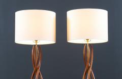 Mid Century Sculpted Walnut with Brass Accent Table Lamps - 3850164