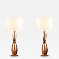 Mid Century Sculpted Walnut with Brass Accent Table Lamps - 3854950