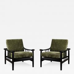 Mid Century Sculptural Ebonized Walnut Green Fabric Rounded Pommel Club Chairs - 3646334