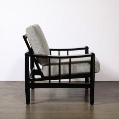 Mid Century Sculptural Ebonized Walnut Grey Fabric Rounded Pommel Club Chairs - 3645517