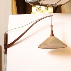 Mid Century Solid Teak Wood Swing Arm Wall Chandelier with Hessin Shade - 2659464