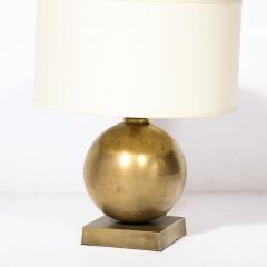 Mid Century Spherical Brass Rectilinear Base Table Lamp w Custom Drum Shade - 3276387