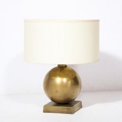 Mid Century Spherical Brass Rectilinear Base Table Lamp w Custom Drum Shade - 3276389