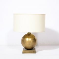Mid Century Spherical Brass Rectilinear Base Table Lamp w Custom Drum Shade - 3276396