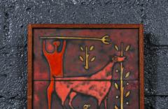 Mid Century Studio Ceramic Plaque w Primitivist Animal Hunting Motifs - 4467305