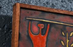 Mid Century Studio Ceramic Plaque w Primitivist Animal Hunting Motifs - 4467307