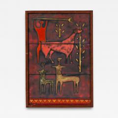 Mid Century Studio Ceramic Plaque w Primitivist Animal Hunting Motifs - 4467336