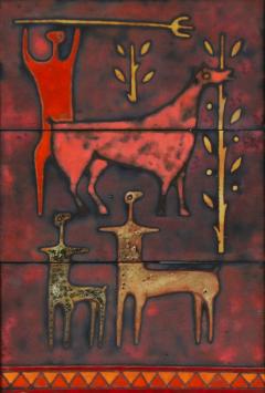 Mid Century Studio Ceramic Plaque w Primitivist Animal Hunting Motifs - 4467338