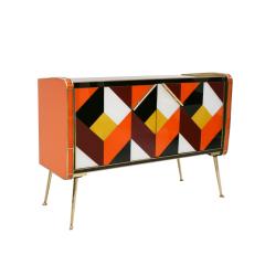 Mid Century Style Solid Wood Colored Glass and Brass Italian Sideboard - 1905226