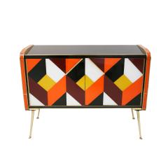 Mid Century Style Solid Wood Colored Glass and Brass Italian Sideboard - 1905227