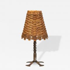 Mid Century Table Lamp in Wrought Iron with Woven Rattan Shade 1960s - 4682441
