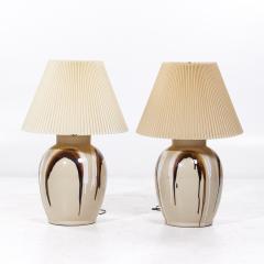 Mid Century Tan Ceramic Drip Glaze Lamps Pair - 3836531