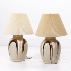 Mid Century Tan Ceramic Drip Glaze Lamps Pair - 3836532