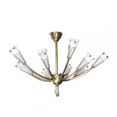 Mid Century Tulip Form Chandelier in Brass Frosted Glass w Enamel Detailing - 4438413