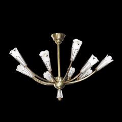 Mid Century Tulip Form Chandelier in Brass Frosted Glass w Enamel Detailing - 4438415