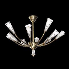 Mid Century Tulip Form Chandelier in Brass Frosted Glass w Enamel Detailing - 4438419