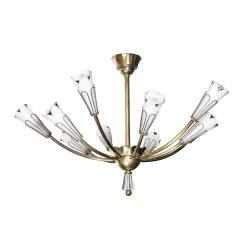 Mid Century Tulip Form Chandelier in Brass Frosted Glass w Enamel Detailing - 4438421
