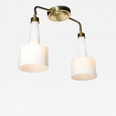 Mid Century Two Branch Pendant Chandelier in Molded Milk Glass w Brass Fittings - 4351382