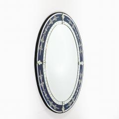 Mid Century Venetian Glass Reverse Etched Oval Mirror w Sapphire Blue Border - 4745195
