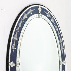 Mid Century Venetian Glass Reverse Etched Oval Mirror w Sapphire Blue Border - 4745197