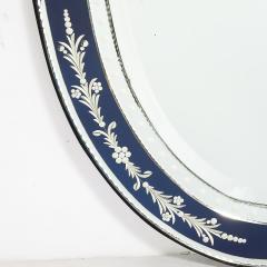Mid Century Venetian Glass Reverse Etched Oval Mirror w Sapphire Blue Border - 4745201