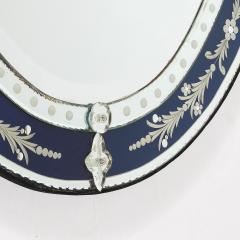 Mid Century Venetian Glass Reverse Etched Oval Mirror w Sapphire Blue Border - 4745202