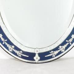 Mid Century Venetian Glass Reverse Etched Oval Mirror w Sapphire Blue Border - 4745241