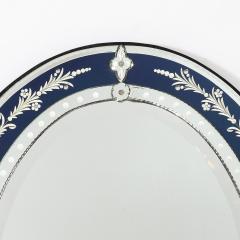 Mid Century Venetian Glass Reverse Etched Oval Mirror w Sapphire Blue Border - 4745255