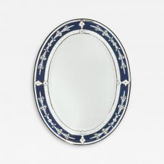 Mid Century Venetian Glass Reverse Etched Oval Mirror w Sapphire Blue Border - 4746360
