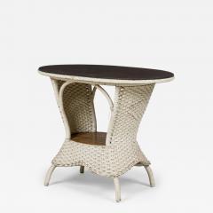 Mid Century Victorian Style White Painted Wicker Wood and Glass Console Table - 4186279