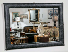 Mid Century Wall Mirror Decorated Distressed Leather Upholstered Frame - 2542647