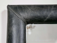 Mid Century Wall Mirror Decorated Distressed Leather Upholstered Frame - 2542652