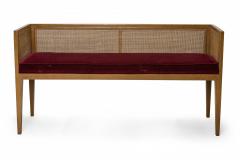 Mid Century Walnut Caned Back and Burgundy Velour Upholstered Entry Bench - 2793270