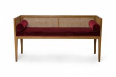 Mid Century Walnut Caned Back and Burgundy Velour Upholstered Entry Bench - 2793271