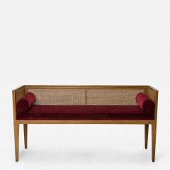 Mid Century Walnut Caned Back and Burgundy Velour Upholstered Entry Bench - 2794981